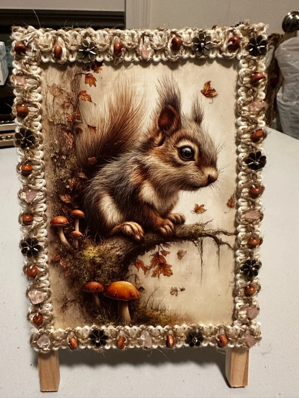 Hand Crafted Autumn Squirrel on wood easel in Brown and Cream